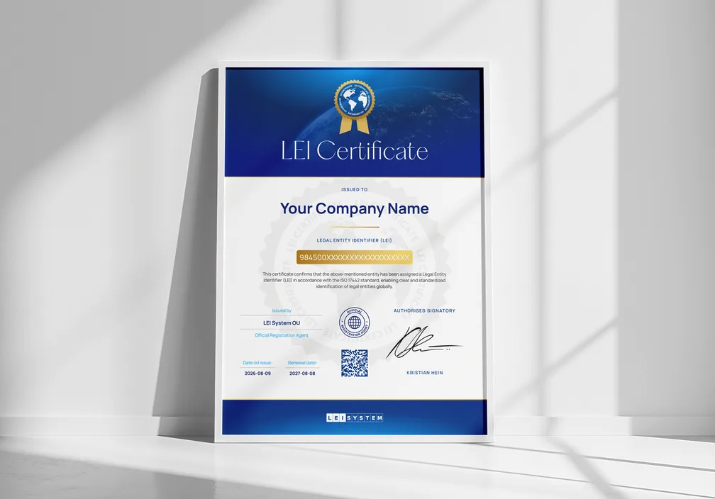 Ett utskrivet LEI-certifikat