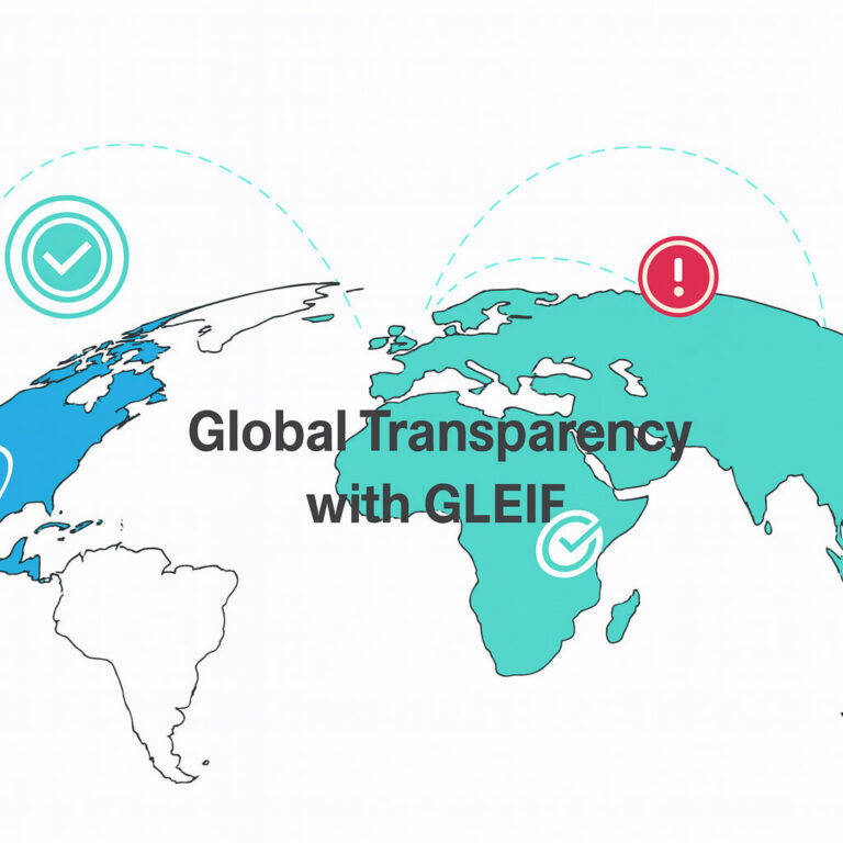 Världskartillustration som visar globala förbindelser och texten 'Global transparens med GLEIF', symboliserande finansiell transparens och tillförlitlig enhetsidentifiering