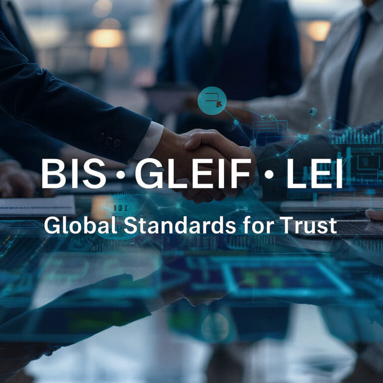 Handslag med digitalt nätverksöverlägg och texten BIS • GLEIF • LEI – Globala standarder för förtroende