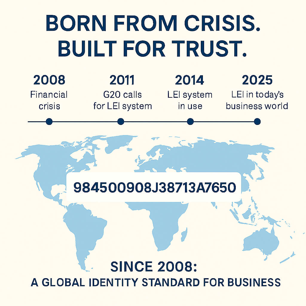 LEI-historisk tidslinje – från finanskrisen 2008 till i dag, som visar Legal Entity Identifier som en global identitetsstandard för företag