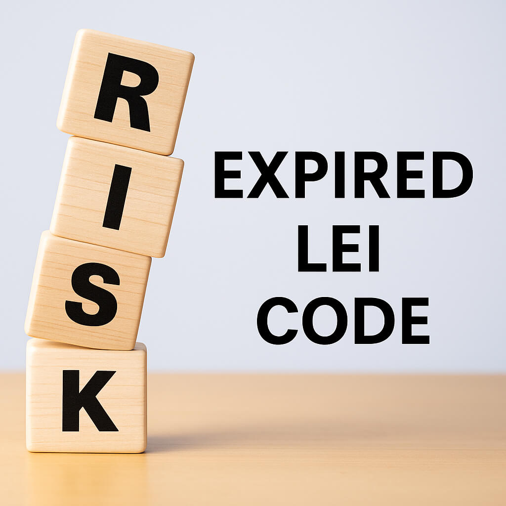 Staplade träkuber som stavar "RISK" med texten "Inaktiv LEI-kod" – konceptbild som visar risken med en inaktiv LEI.