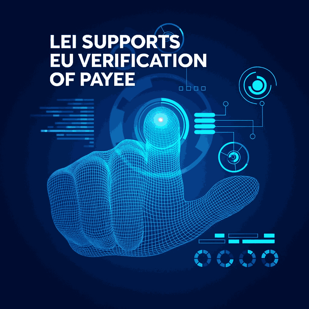 LEI stöder EU:s verifiering av betalningsmottagare – digital illustration som visar hur Legal Entity Identifier förbättrar betalningsverifiering och transparens i hela EU.