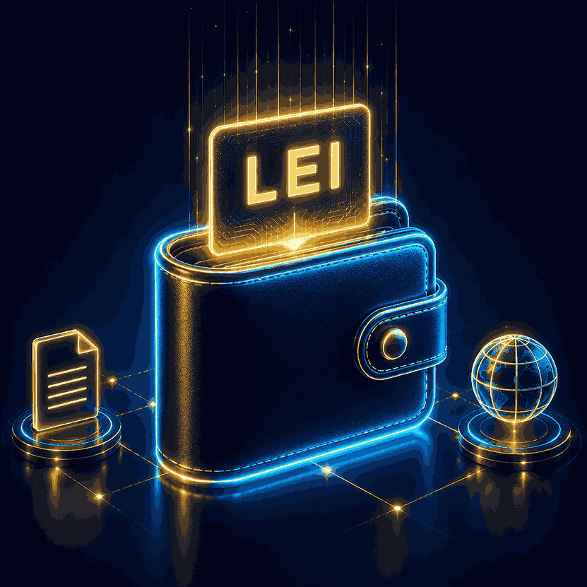 LEI-kodkort som förs in i en digital plånbok — illustration av LEI-koden och den europeiska företagsplånboken